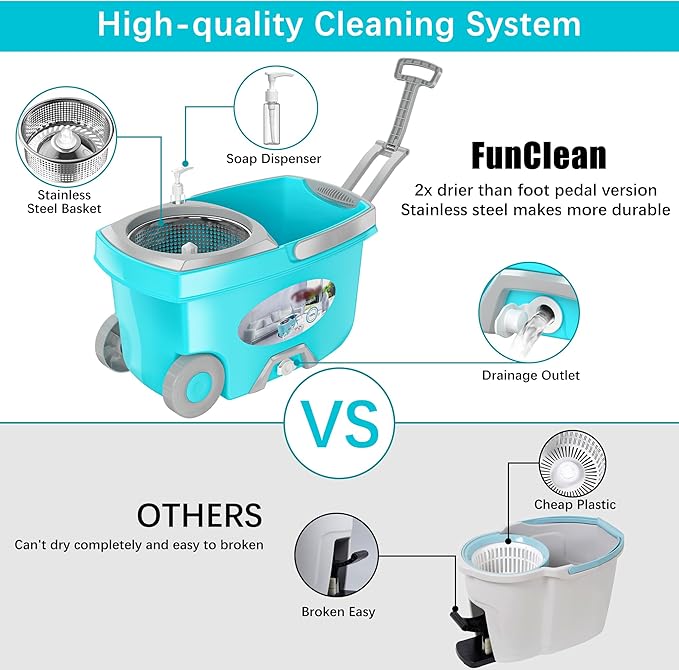 FunClean Spin Mop and BucketMop and Bucket with Wringer Set for Home360 Spinning Mopping Floor Cleaning Tool with 6 Microfiber Replacement Head Refills61 Extended Handle 2X Wheel - Blue
