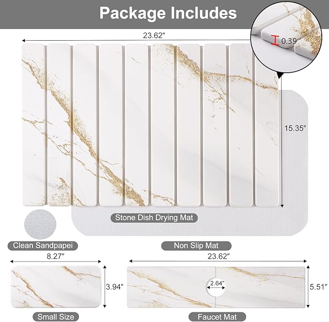 3 PCS Large Stone Dish Drying Mat for Kitchen Counter Quick Dry Stone Dishes Mats Sink Faucet Mat Marble Water Absorbing Diatomaceous Earth Drying Pad for Countertop Tableware Bottles