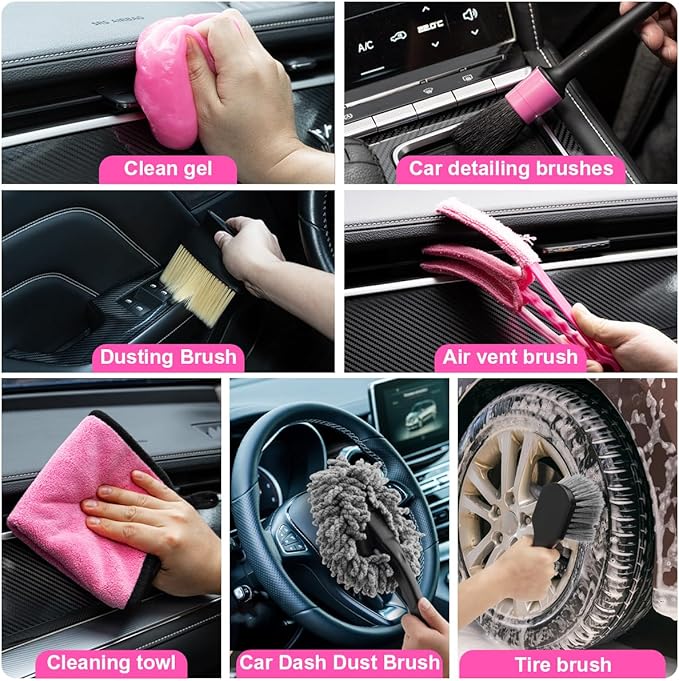 Viewsun Car Vacuum Cordless Rechargeable 8000PA High Power Handheld Vacuum Cleaner with 17PCS Car Cleaning Kit Pink Auto Accessories for Women Gift