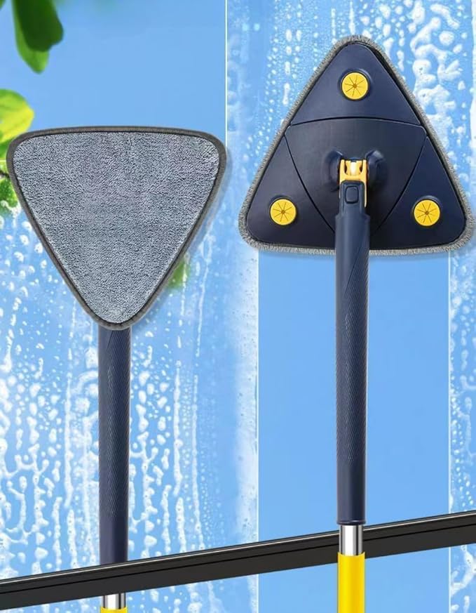 360° Adjustable Rotating Cleaning Mop Triangular Mop with Compressed Water Automatic Cleaning for Kitchen Walls Ceiling Corners (Blue + 6 Fabric)