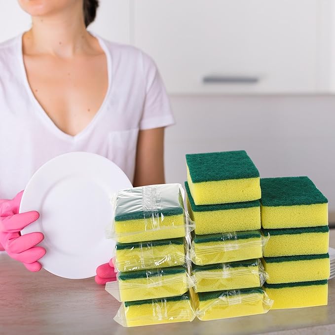 90 Pack Individually Wrapped Sponges Uncompressed Kitchen Dishwashing Non Scratch Scrouing Sponge Bulk for Hotel Car Airbnb ApartmentsGreen