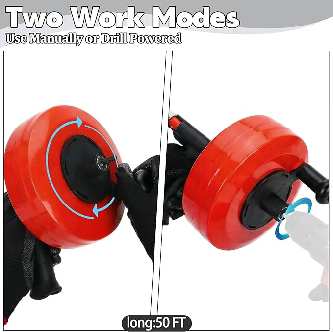 50 Ft Drain AugerUse Manually or Drill Powered 50 Feet Drain SnakeHeavy Duty Flexible Plumbing SnakeWith Gloves and Storage Bag for Kitchen Sink Shower Drain (50FT Red)