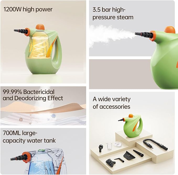 Pressurized Handheld Multi Surface Natural Steam CleanerMulti Purpose Steamer for Home UseSteamer for Cleaning Kitchen Air Conditioner Range Hood (Green)