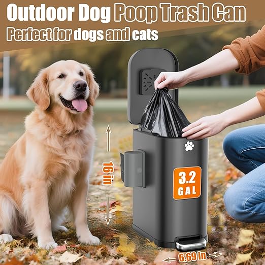 Dog Poop Trash Can Outside with Odor Control Lid &amp Step Pedal 3.2Gal Stainless Steel Outdoor Trash Can Waterproof Dog Waste Container - Includes 3 Carbon Filters &amp Bin Bag Holder