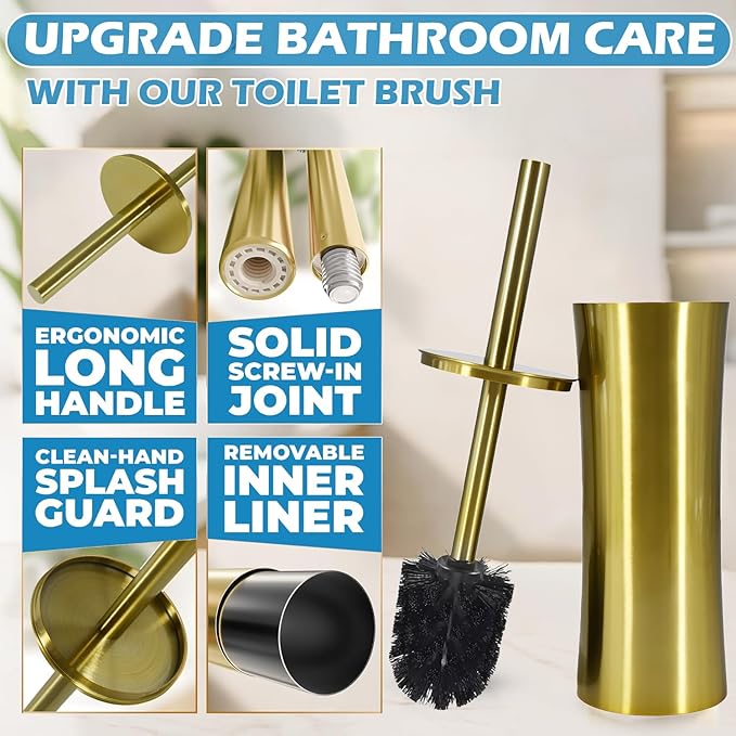 Stainless Steel Toilet Brush and Holder Golden Toilet Cleaner Brush Toilet Bowl Brush and Holder for Bathroom Storage Organization