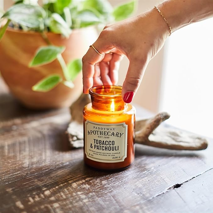 Paddywax Artisan Apothecary Scented Candle with Lid in Reusable Glass Jar Clean-Burn Soy Candle with Approx. 54 Hour Burn Time Tobacco &amp Patchouli 8 oz.