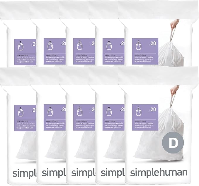 simplehuman Code D 200 Count Dispenser Pack Custom Fit Liners Drawstring Trash Bags 20 Liter / 5.3 Gallon White