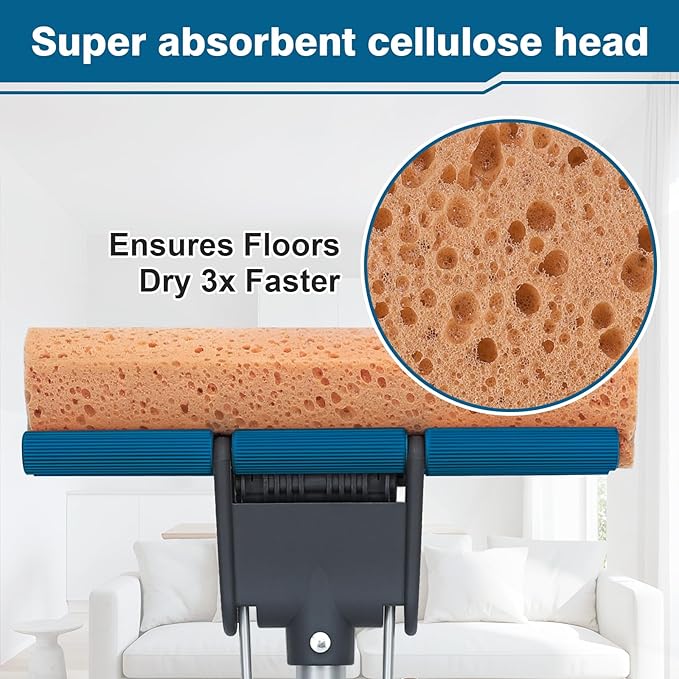 Sponge Mop for Floor Cleaning 50 Heavy Duty Roller Mop with 4 Cellulose Refill Heads Easy Self-Squeeze for Hardwood Tile Concrete Wall Ceiling