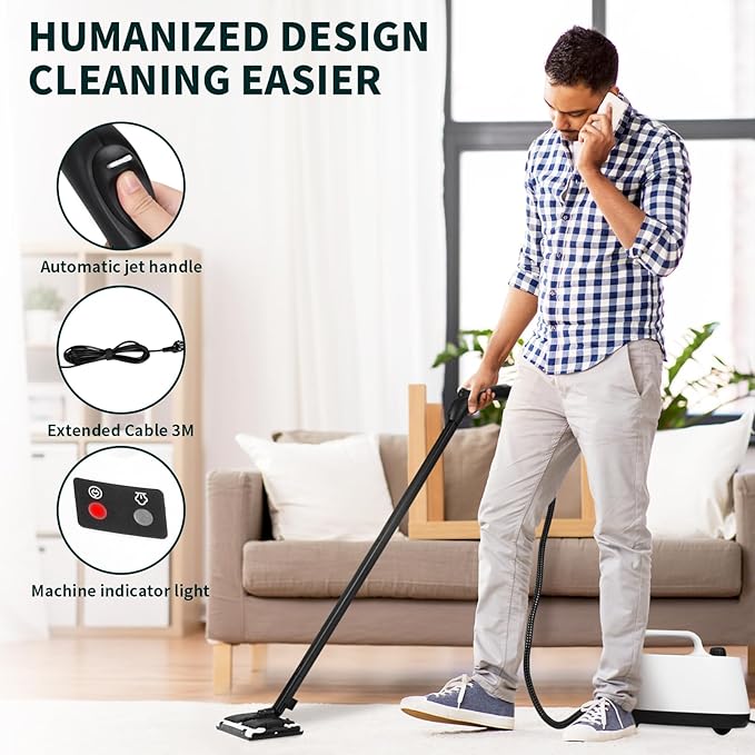 Steam CleanerMultipurpose Neat Canister Steamer with 21 Accessories 5 Mins Heating with 1.5L TankRolling Cleaning Machine for Carpet FloorsWindowsMirrorsGlass and Cars (White)