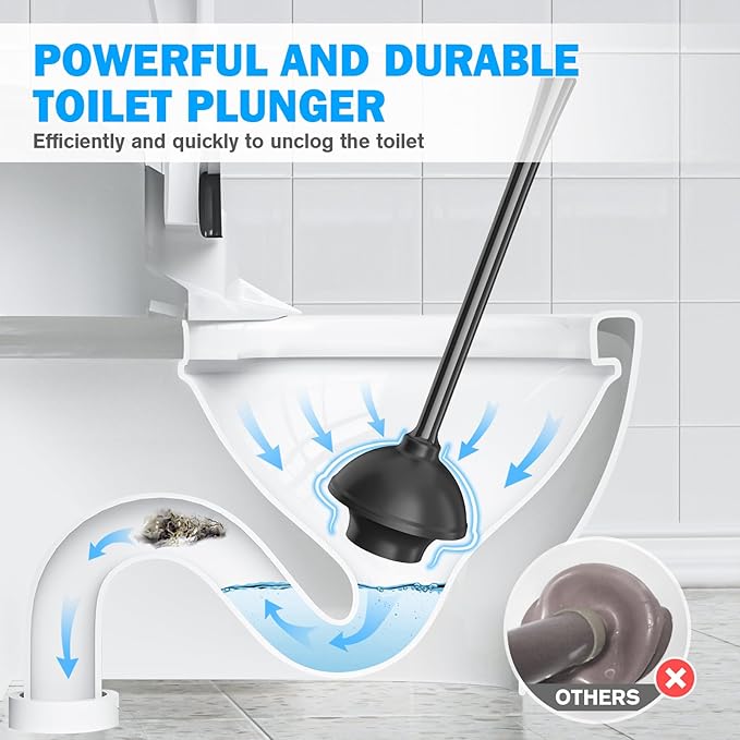 Toilet Plunger and Brush Set 2 Pack Bowl Brush and Heavy Duty Toilet Plunger with Ventilated Holder 2-in-1 Toilet Brush and Plunger Combo for 5.3-inch Toilet Drain Bathroom Deeply Cleaning(Black)
