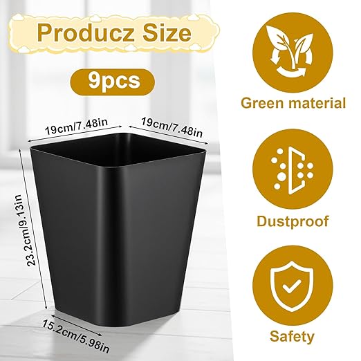 SHENLIU 9 Pack 2 Gallon Trash Can Black Small Garbage Can Bulk Bathroom Trash Bin Plastic Wastebasket Square for Bedroom Office and Kitchen Bathroom Narrow Space