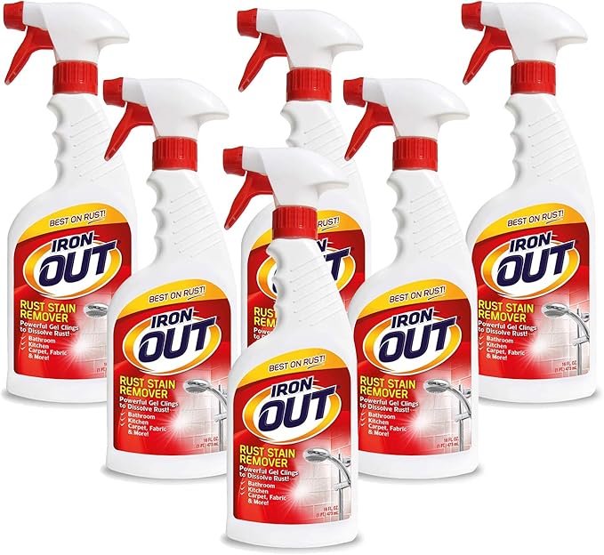 Iron OUT Spray Gel Rust Stain Remover Remove and Prevent Rust Stains in Bathrooms Kitchens Appliances Laundry and Outdoors 16 Ounce Pack of 6