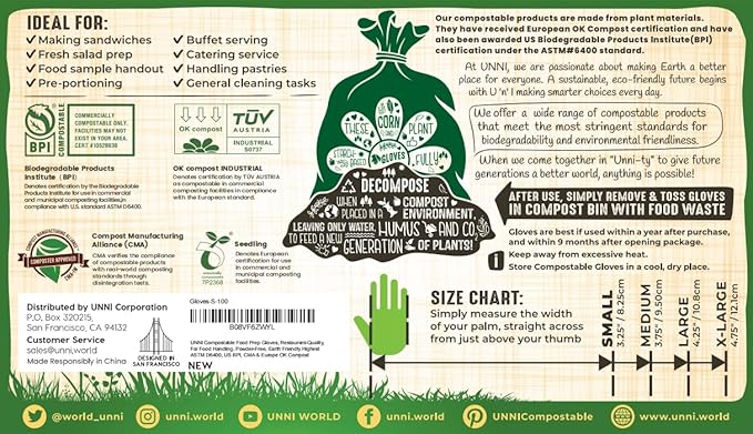 UNNI Compostable Food Prep Gloves For Food Handling ASTM D6400 US BPI CMA &amp Europe OK Compost Certified