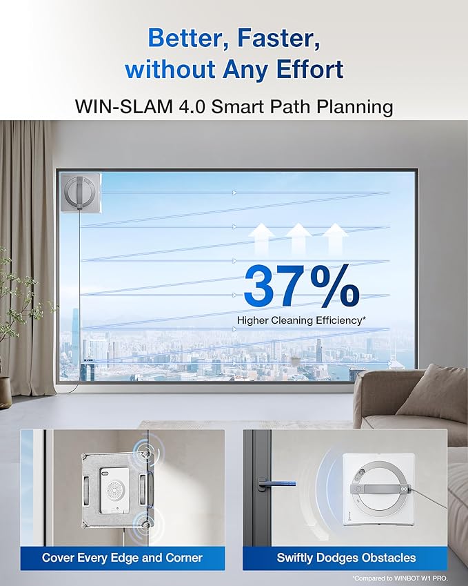 ECOVACS WINBOT W2 PRO Window Cleaning Robot 3 Nozzles Water Sprayer 10-Level Protection Win-SLAM 4.0 Path Planning Steady-Climbing Edge Detection App Control