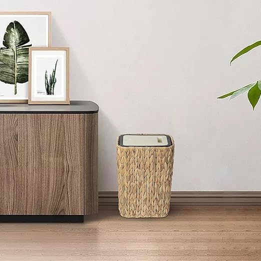 Dawn 2.6 - Gallon Boho Rattan Trash Can with Press - Top Lid - 2 - in - 1 Wastebasket &amp Hamper for Bathroom Kitchen Living &amp Bedroom