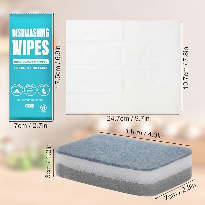 Individually Wrappe Dishwashing Sponges Bulk Kitchen Cleaning Scouring Pads Dish Sponges Washing Disposable Dishes Soap Wipes Scrubbers Short Term Rental Supplies for Travel Camping 60 Pack (Grey)