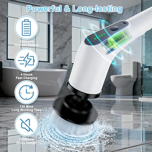 Electric Spin Scrubber Cordless Cleaning Brush with 8 Replaceable Brush Heads Shower Scrubber with Adjustable Extension Handle Waterproof Power Scrubber for Bathroom Tile Floor Tub Car Walls