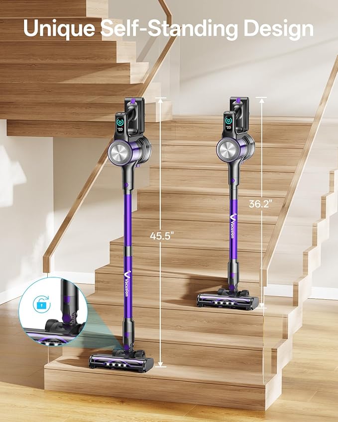 Cordless Vacuum Cleaner 8-in-1 Cordless Stick Vacuum Cleaner with 3 Suction Modes Up to 45mins Runtime Rechargeable Self-Standing Vacuum Cleaners for Home Pet Hair Carpet Car Hard Floor Purple