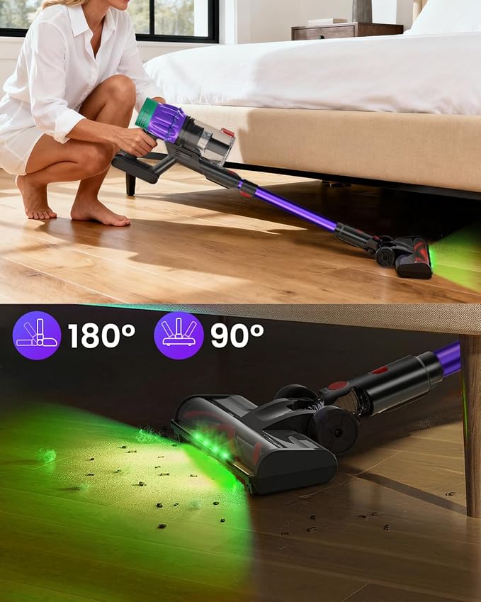 Cordless Vacuum Cleaner 650W 48KPA 60Min Wireless Vacuum for Home Stick Vacuum with Green Light Anti-Tangle Rechargeable Vacuum Cleaners for Pet Hair Carpet Hard Floors （Purple）