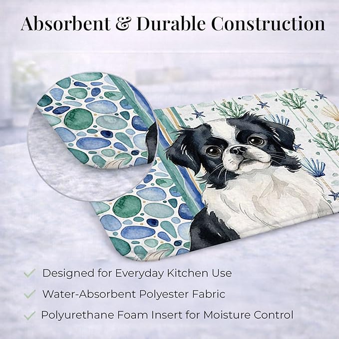 Caroline's Treasures Black and White Japanese Chin Coastal Sea Glass Dish Drying Mat Absorbent Dish Drying Mat Pad for Kitchen Counter Dish Drainer Mat for Countertop 14 x 21 Multicolor