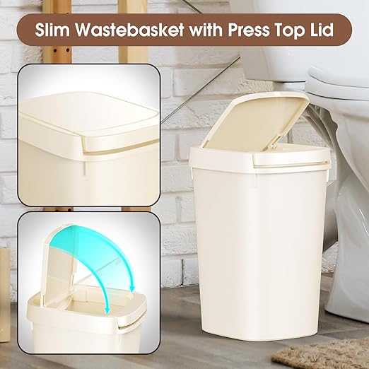 CEROELDA 3 Pack Bathroom Trash Can with Lid 10L/2.6 Gal Small Garbage Can with Press Top Lid Slim Plastic Waste Basket for Toilet Office Bedroom (Beige)