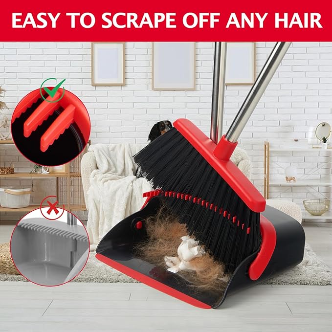 Broom and Dustpan Set with Long Handle Heavy Dust Broom and Dustpan Combo for HomeKitchen Office Pet Hair (Black Red)