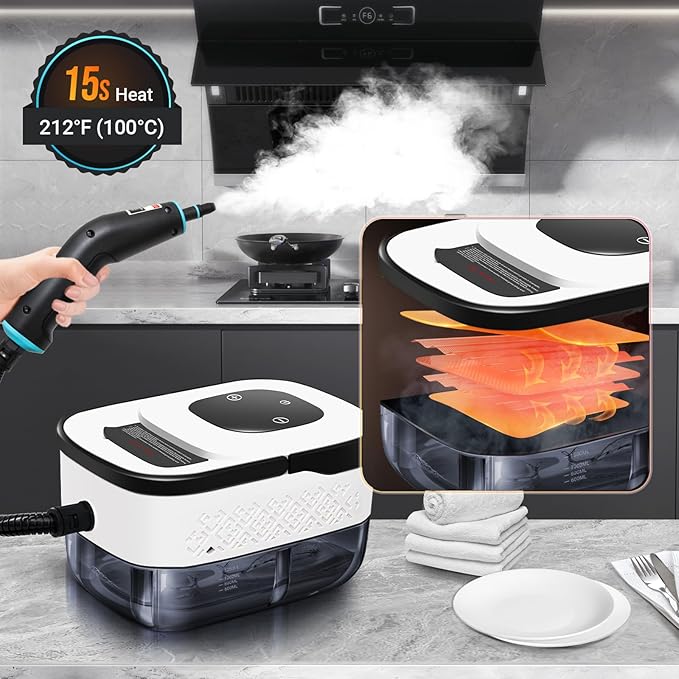 Heapsion Steam Cleaner Steamer for Cleaning with 15s Heat-Up 6 Adjustable Levels Large 1.32 Quarts Tank Pressurized Handheld Steam Cleaner for Home Dirt Grease Grout TileFloor Car 12 pcs