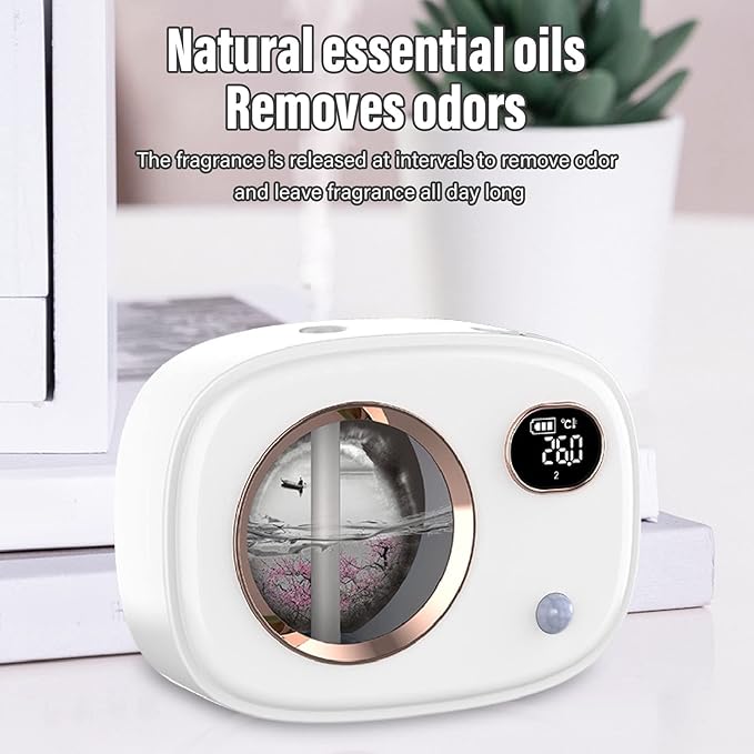 Smart Digital Display Ultrasonic Fragrance Aromatherapy Diffuser Wall Mounted Auto Air Freshener for Toilet Living Room Hotel Noise Reduction Night Light Wide Coverage (White)