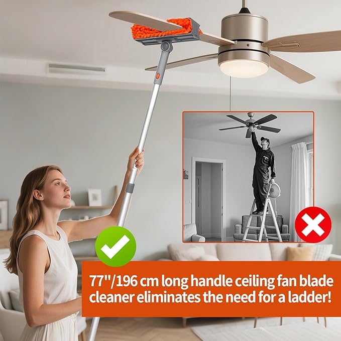 Ceiling Fan Cleaner Duster with 72‘’ Extendable Long Handle Cleaning Duster Kit Reusable Chenille &amp Microfiber Mop Head for High Ceiling Fan Blade Wall Blinds Cobweb