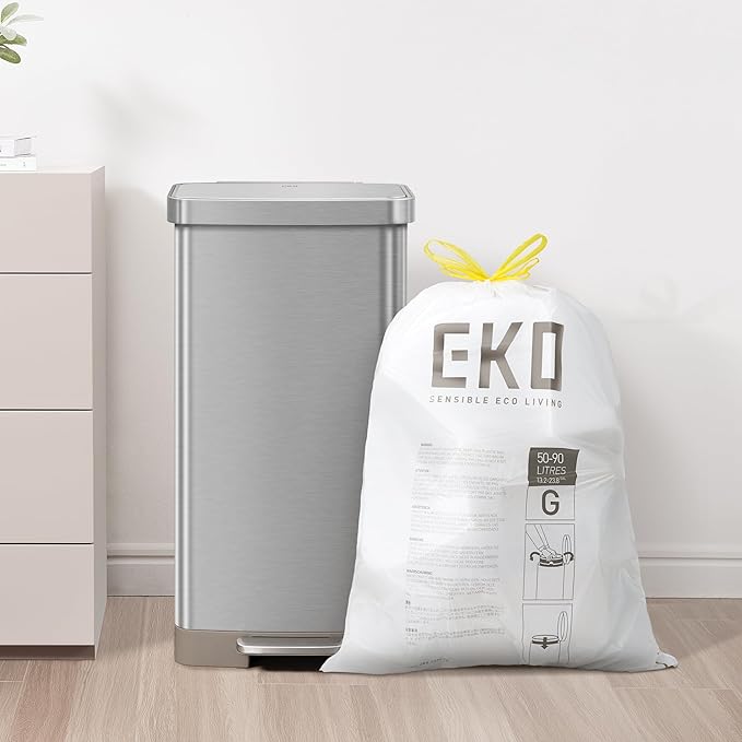 EKO 21 Gallon / 50-90 Liter110 CountDrawstring Trash Bags Extra-Strong Unscented Garbage Bags Easy-Dispense Roll for Kitchen &amp Household Use Resists Tears Leaks and Punctures Code G White