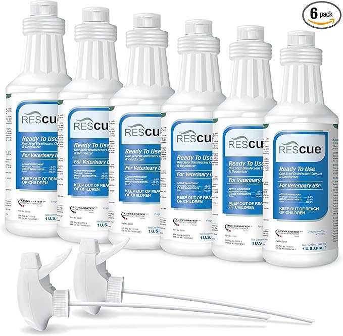 REScue One-Step Ready-to-Use Disinfectant Cleaner &amp Deodorizer – For Veterinary Use Animal Shelters Pet Foster Homes Kennels Litter Box – 32 Ounce RTU (6 Pack)