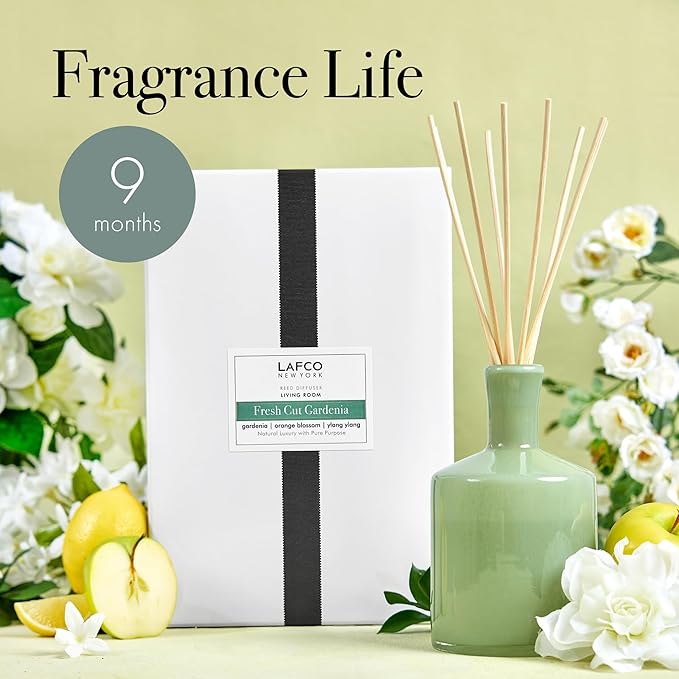 LAFCO New York Signature Reed Diffuser Fresh Cut Gardenia - 15 oz - Up to 9 Months Fragrance Life - Reusable Hand Blown Glass Vessel - Natural Wood Reeds - Made in The USA