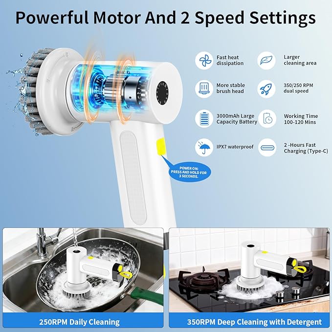 3000mAh Cordless Electric Spin Scrubber 20W High-Torque IPX7 Waterproof Cleaning Brush with 6 Replaceable Heads Dual Speed 150-180 Mins Runtime for Kitchen Bathroom Car