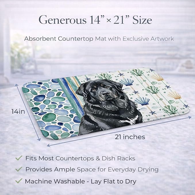 Caroline's Treasures Black Tibetan Mastiff Coastal Sea Glass Dish Drying Mat Absorbent Dish Drying Mat Pad for Kitchen Counter Dish Drainer Mat for Countertop 14 x 21 Multicolor