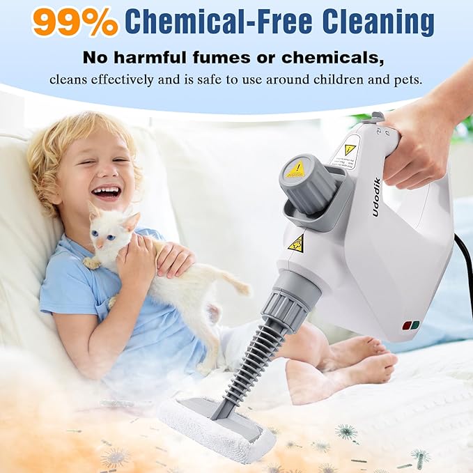 Handheld Steam Cleaner versatile and portable design comes with a safety lock and a 10-piece accessory set to easily remove dirt and grease (white).