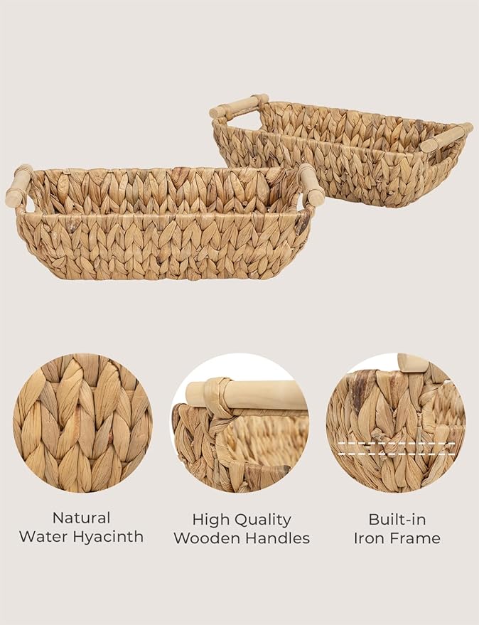 StorageWorks Hand-Woven Small Wicker Baskets Water Hyacinth Storage Baskets with Wooden Handles 2-Pack