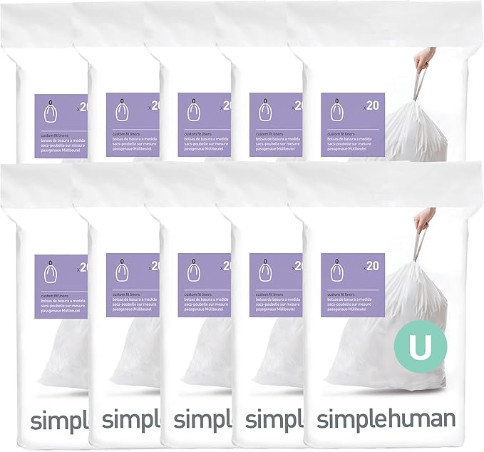 simplehuman Code U 200 Count Dispenser Pack Custom Fit Liners Drawstring Trash Bags 55 Liter / 14.5 Gallon White