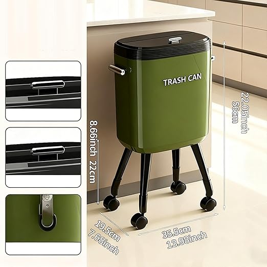 Garbage Can with Legs Dustbin High Foot 15L Large Capacity Household No Bending Wastebasket for Office Bedroom Kitchen Toilet Green with Caster
