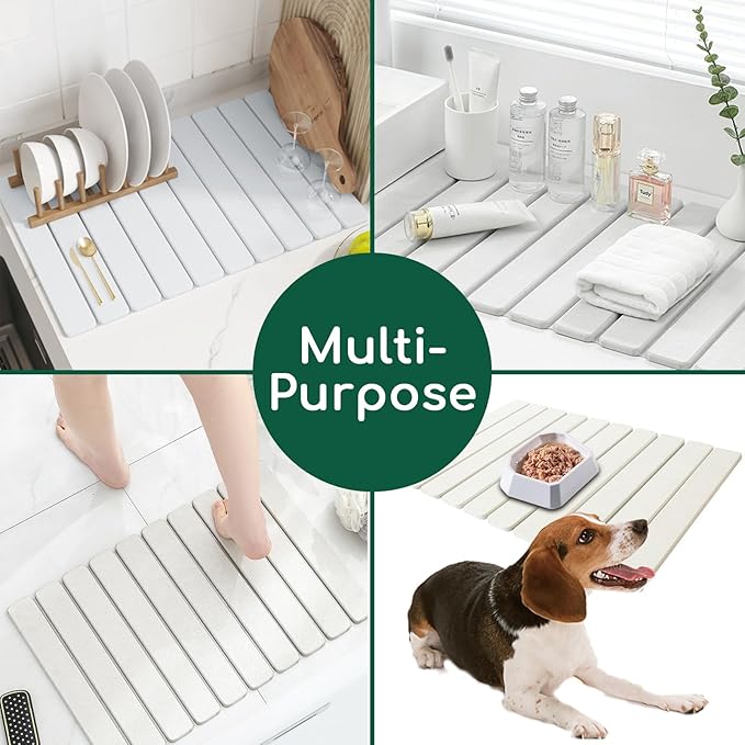 Stone Drying Mat for Kitchen Counter White 24×16 Collapsible Fast Drying Dish Mats Diatomaceous Earth Water Absorbing Mat for Dishes Bottles Cups