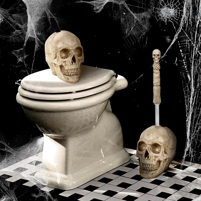 Toilet Brush and Holder Set for BathroomSkullduggery Skeleton Gothic Bathroom Decor Toilet Bowl Brush SetSpace Saving for Storage Drip-Proof Easy to Assemble Deep Cleaning
