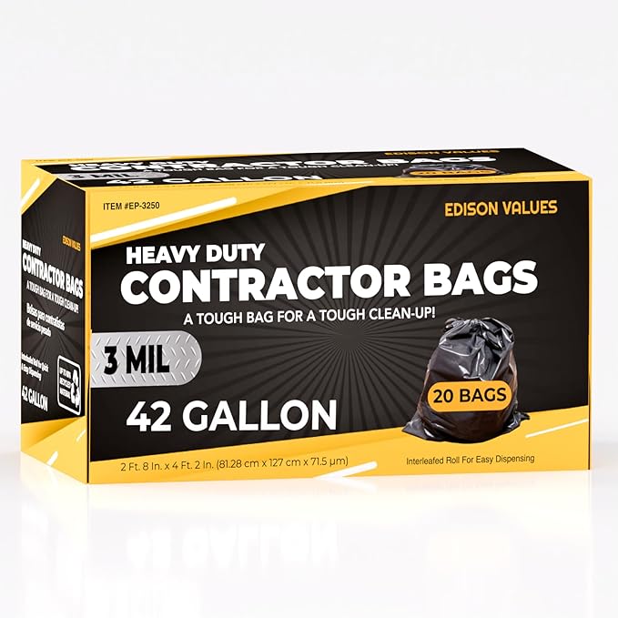 Contractor Garbage Bags 42 Gallon - Pack Of 20 Black 3 mil Strength Heavy Duty Trash Bags Garbage Bags 32”X46” Heavy Duty Plastic Construction Contractor Bags - Trash Can Liners