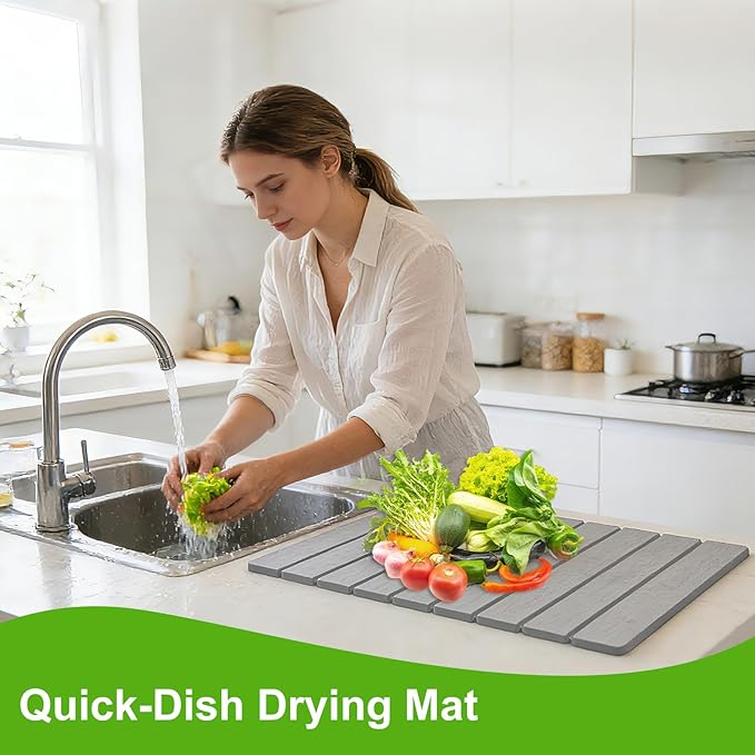 Stone Dish Drying Mat for Kitchen Counter - Large Foldable Collapsible Quick Drying Dish Mats Ultra Absorbent Diatomaceous Earth Mats for Kitchen Dishes Bottles Cups Bathroom -Light Gray