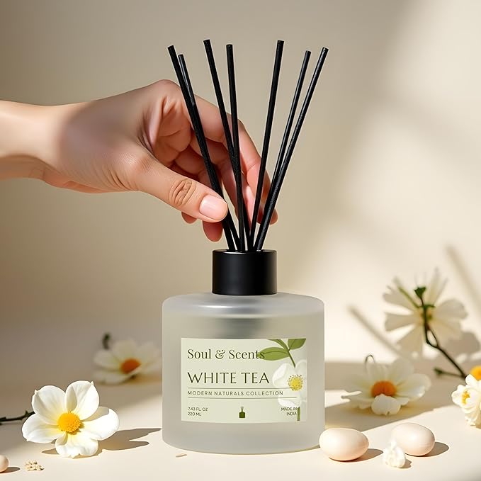 Soul &amp Scents Reed Diffuser Set – White Tea | 7.43 oz Refillable Scented Oil with 6 Fiber Sticks | Long-Lasting Home Fragrance &amp Air Freshener for Bedroom Bathroom Office | Gift &amp Décor