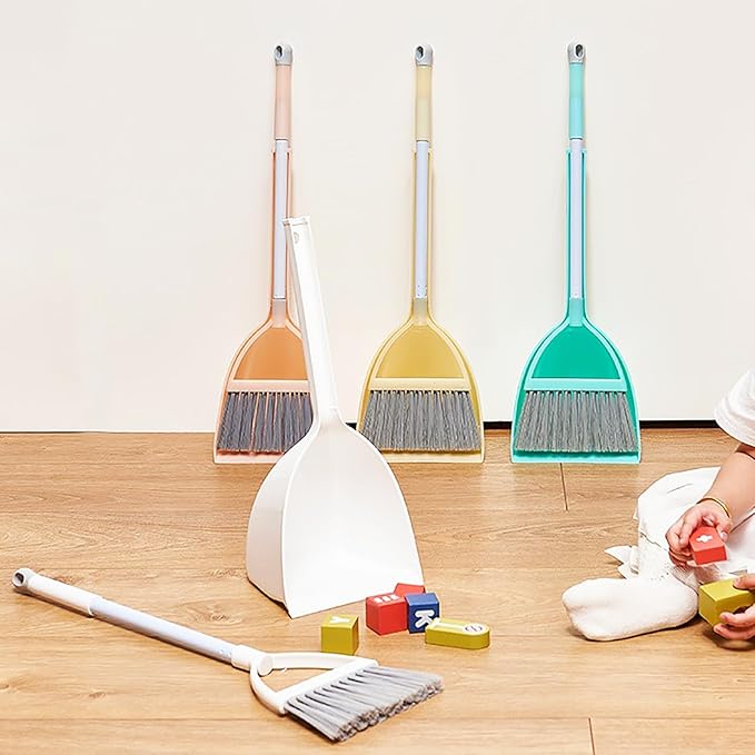 Nicunom Set of 4 Mini Broom with Dustpan for Kids Children Broom and Dustpan Set Cleaning Set Boys Girls Little Housekeeping Helper Set for Kitchen Bathroom Pet
