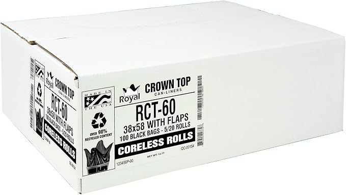 Aluf Plastics RCT-60 Star Sealed Coreless Rolls with E-Z Tie Flap Closure 60 gal Polyethylene 38 x 58 Black (Pack of 100)