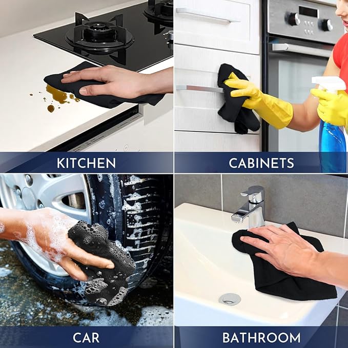 GLIMGLINT Black Microfiber Cleaning Cloth150PK Reusable Cleaning RagsHighly Absorbent Shop Rags BulkAll-Purpose Car Cleaning Towels for TV Screen Kitchen Bathroom Restaurant Garage 14X12