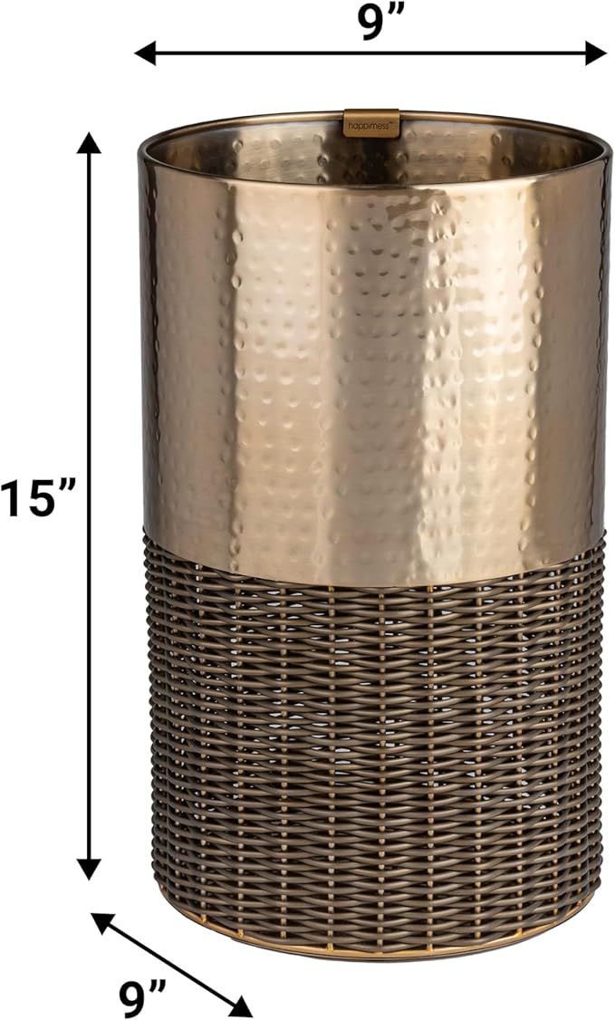 happimess HPM1102A Asher Modern 4.13-Gallon 2-Tone Faux Wicker/Metal Cylinder Waste Basket Bronze/Coffee for Home Bathroom Living Room Office Bedroom Kitchen