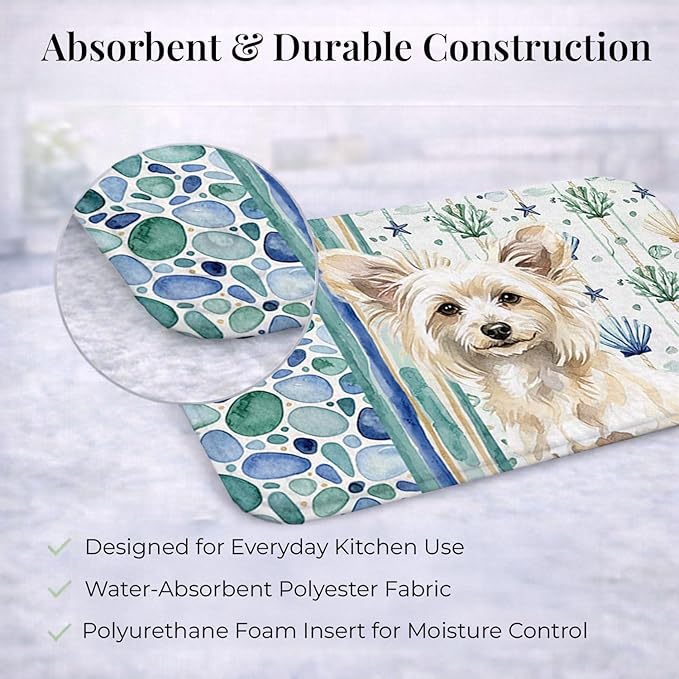 Caroline's Treasures Powderpuff Chinese Crested Coastal Sea Glass Dish Drying Mat Absorbent Dish Drying Mat Pad for Kitchen Counter Dish Drainer Mat for Countertop 14 x 21 Multicolor