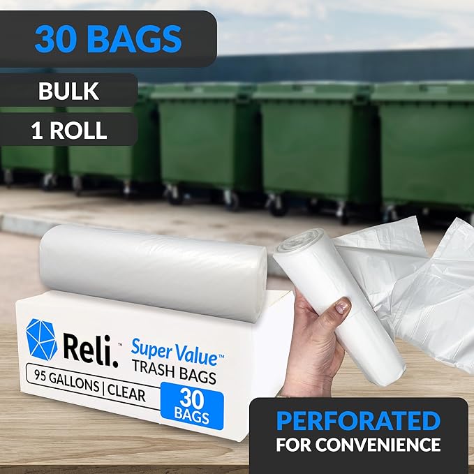 Reli. 95 Gallon Trash Bags Heavy Duty | 30 Trash Bags | Super Sizeable Clear Garbage for Serious Cleanup