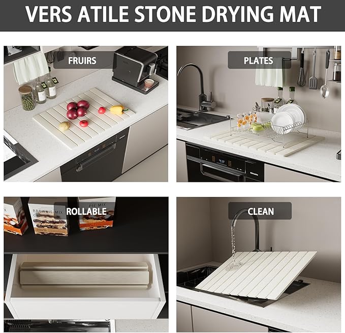 Stone dish drying mats for kitchen counter large 23.6L x 15.4W foldable diatomite dish stone drying mat quick dry extra fast absorbent roll up rack White/Black foldable stone dish drying mat
